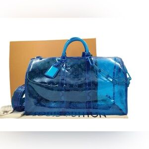 🔥Louis Vuitton•Limited Ed. Virgil Abloh Monogram PVC Keepall Bandouliere 50 Blue